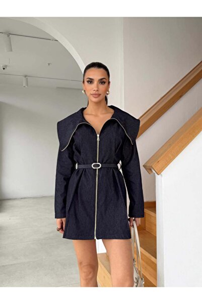 HARMONY GLOBAL Navy Blue Belt Zipper Design Mini Denim Dress – Stylish Denim ...