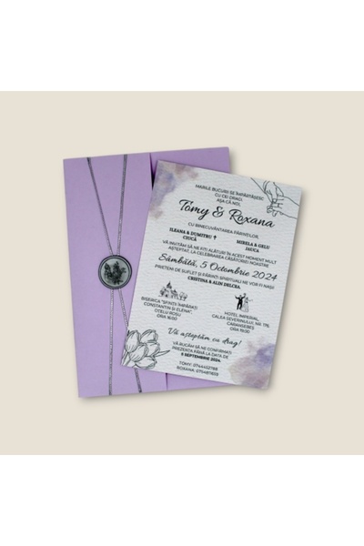 Fabricacucadouri.ro Pachet 50 Invitație nuntă cu plic mov și sigiliu argintiu