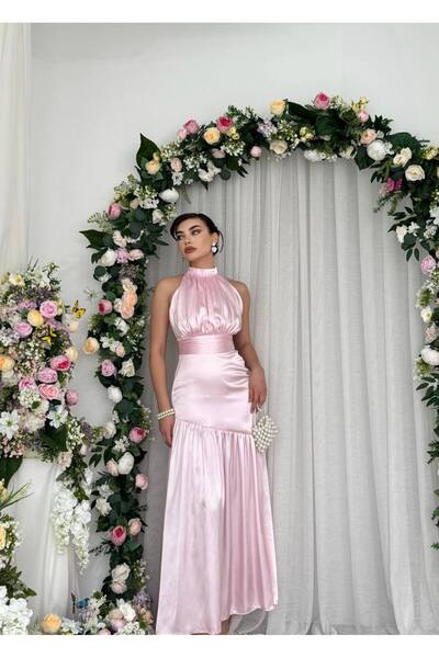 YURELİ Drapeli Halter Yaka Uzun Elbise