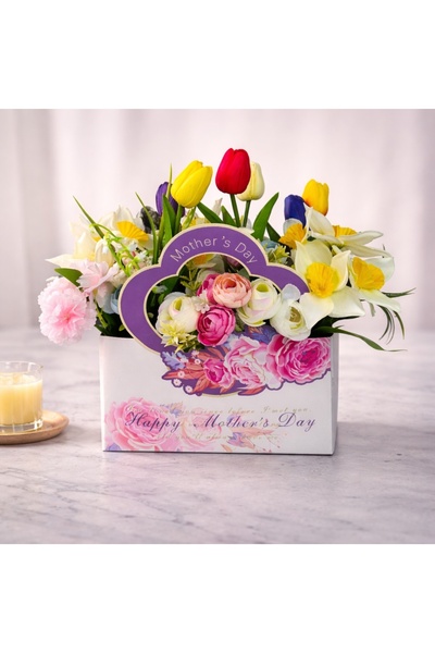 velve Mother's Day floral arrangement with handmade tulips and daffodils, ele...