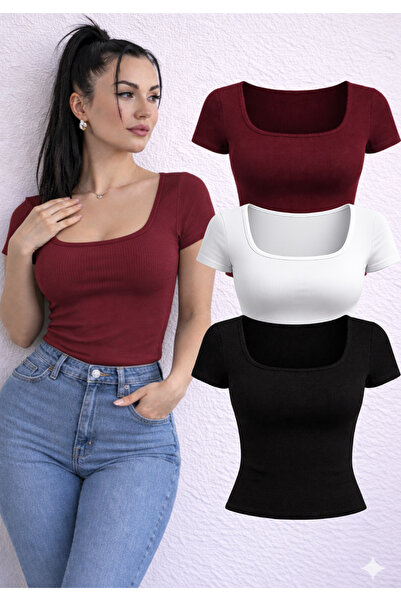 RİEMA Women's 3-Piece Set U-Neck Short Sleeve Corded Fabric Square Neck Cotto...