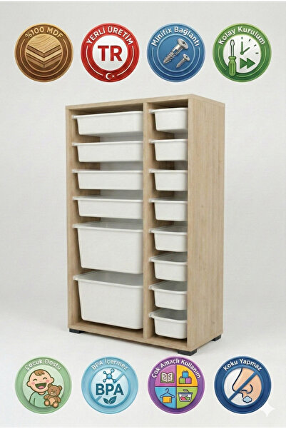 yabilmo %100 MDF Gövde Kolay Minifix Bağlantı 14 Çekmece Çok Amaçlı Oyuncak D...