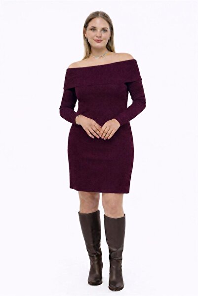 Seamoda Мини рокля от еластичен джърси с яката Мадона в голям размер - БОРДО