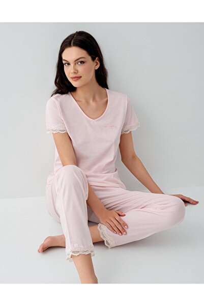 Pierre Cardin Women's V-Neck Lace Pajama Set 50% Cotton 50% Modal – Short Sle...
