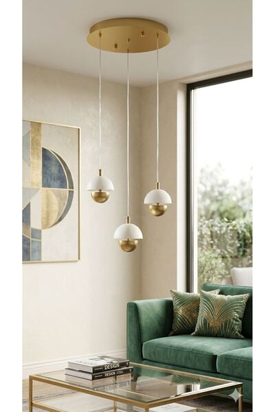 Twosh Modern Mat Gold 3’lü Sarkıt Avize – Mermer Küreli Mat Gold Tavan Aydınl...