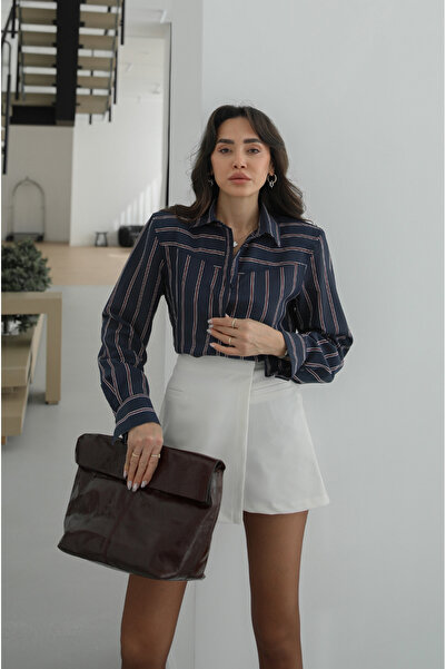 Havoş Navy Blue Shirt with Button Detail on the Sides Striped