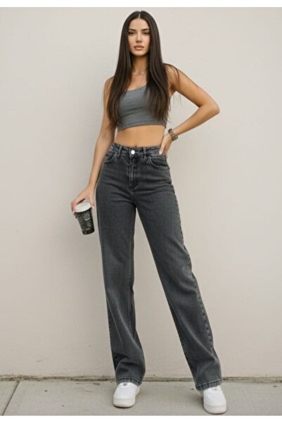 BİENAL BUTİK Blugi Ikon Gold pentru femei, model Füme talie înaltă Palazzo, c...