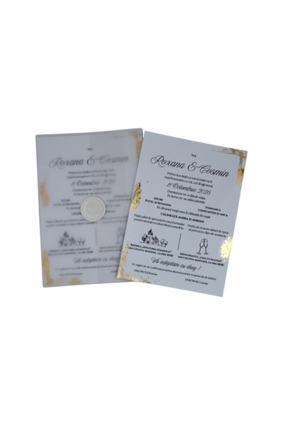 Fabricacucadouri.ro Pachet 50 Invitație Nuntă Transparentă cu Foiță Aurie și ...
