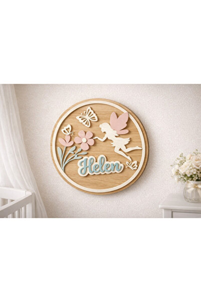 Boncukafası Kişiye Özel Ahşap Kapı Süsü 30 cm – Peri Figürlü İsimli Duvar Dekoru