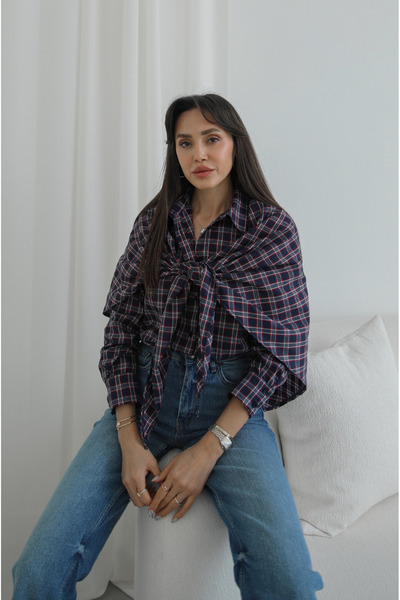 Havoş Navy Blue Plaid Cape Shirt