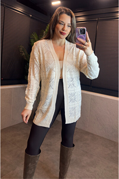 MİR STORE Ekru Mevsimlik Önü Açık Delikli İnce Triko Hırka