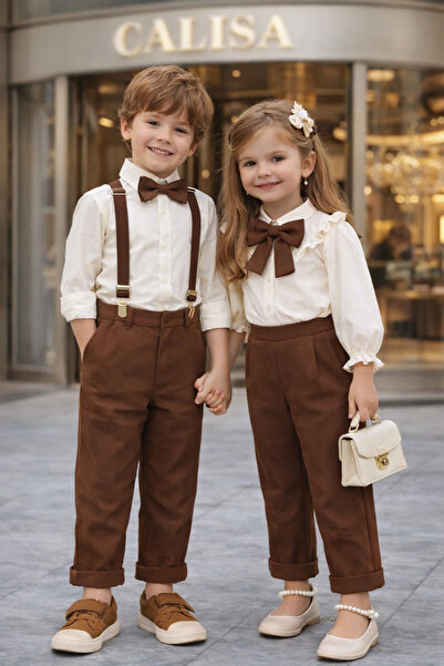 CALİSA Girl's Festive Outfit Set with Bow, Blouse and Pants, Stylish Combinat...