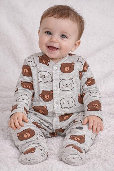 minisoft Desenli Gri Melanj Pamuklu Patikli Full Çıtçıtlı Bebek Tulumu