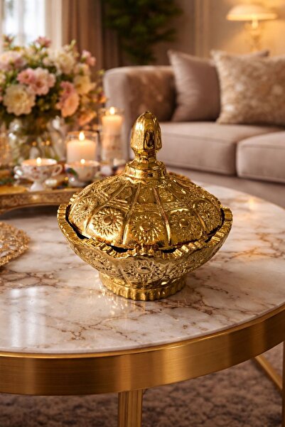 İnciaglobal Gold Osmanlı Motifli Kapaklı Şekerlik – Dekoratif Lüks Sunumluk &...