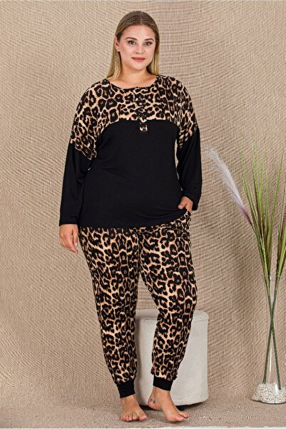 by İGP Leopard Printed Pcs Plus Size Long Sleeve Pajama Set