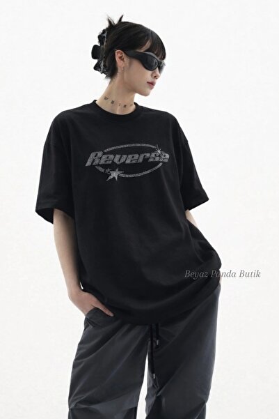 Beyaz Panda Butik Reverse Taşlı Tişört