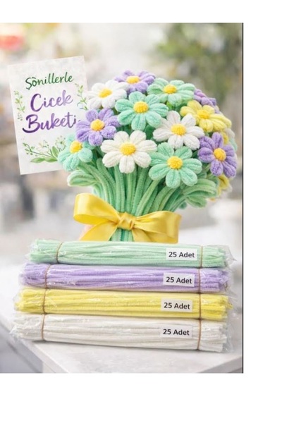 hobi market art 100 lü Şönil Seti Çiçek Yapımına Uygun Tüylü Tel(BEYAZ-PASTEL...
