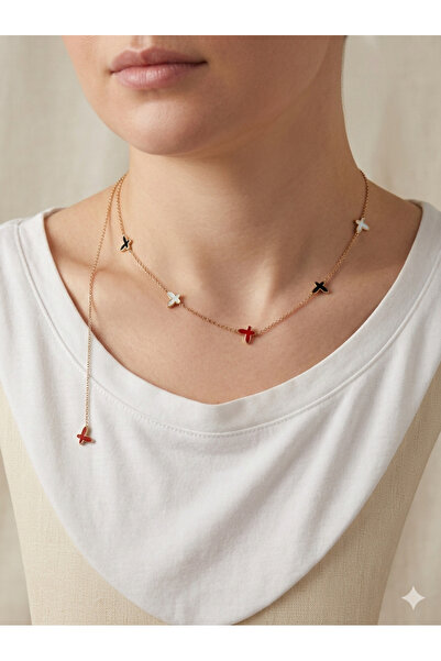 Sâden Collection Çelik Kelebek Figürlü Çoklu Rose Gold Zarif Lüks Kadın Kolye