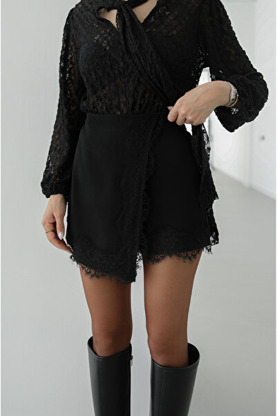 Havoş Negru dantelă Detaliat fustă pantalon scurtă