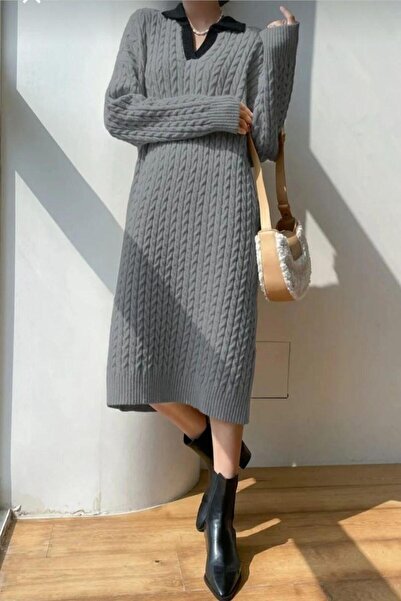 Cockatoo Rochie guler de cămașă tricotată pentru femei cu model lungime midi ...