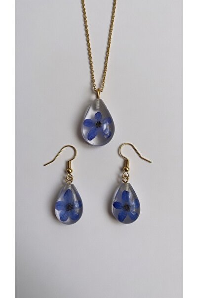 Markasız ucuz Gerçek kurutulmuş Beni Unutma çiçeği Damla Reçine Takı Seti