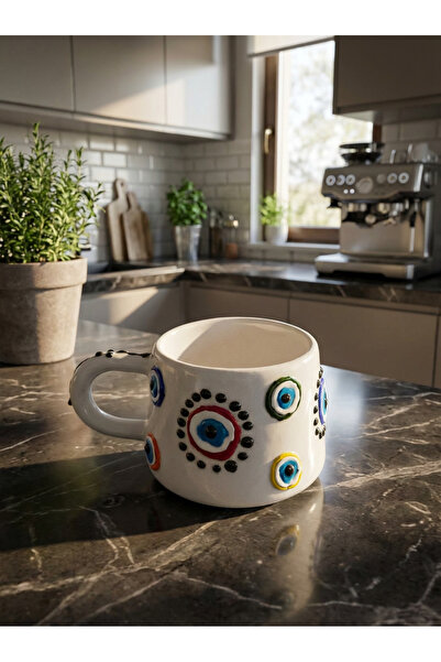 NİVRA GRUP Handmade Mug Cup – Embossed Hand-Embroidered Colorful Evil Eye Bea...