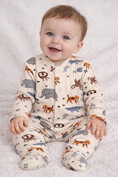 minisoft Safari Desenli, Figürlü Pamuklu Patikli Erkek Bebek Tulumu