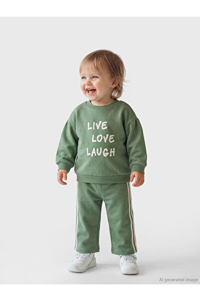 LC Waikiki Green Slogan Printed Baby Girl Sweatshirt and Sweatpants
