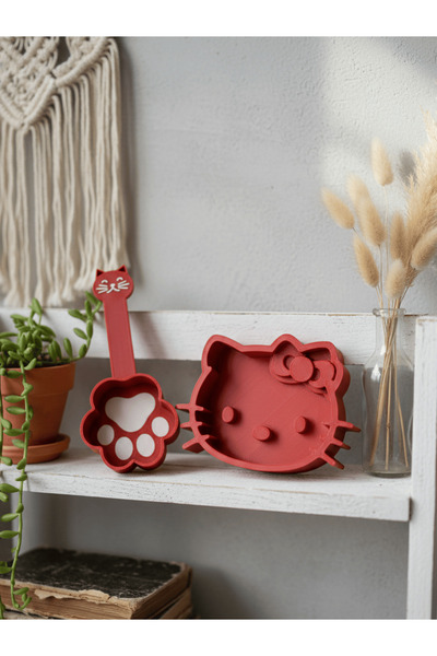 Dumledo Hello Kitty Kedi Kırmızı 2'li Mama Kasesi & Pati Ölçü Kepçesi