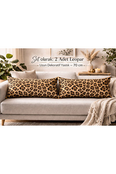 Piloji Uzun Leopar Desenli Dekoratif Yastık 25x70 cm – 2 Adet Set – Elyaf Dol...