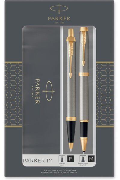 Parker Ballpoint pen and rollerball pen set, metallic gray with gold details,...