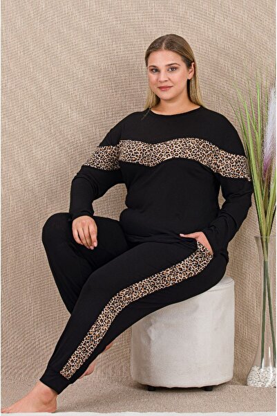 by İGP Black Leopard Printed Pcs Plus Size Long Sleeve Pajama Set