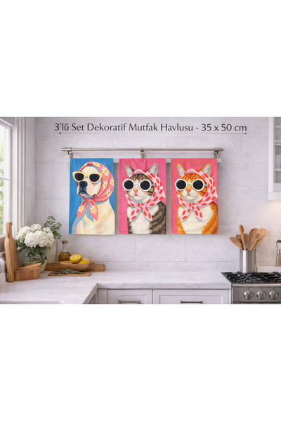 Piloji 3’lü Set Dekoratif Mutfak Havlusu 35x50 cm – Kedi ve Köpek Desenli – M...