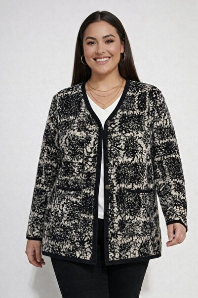 By Saygı Women's Front Buttoned Double Pocketed Patterned Plus Size Cardigan
