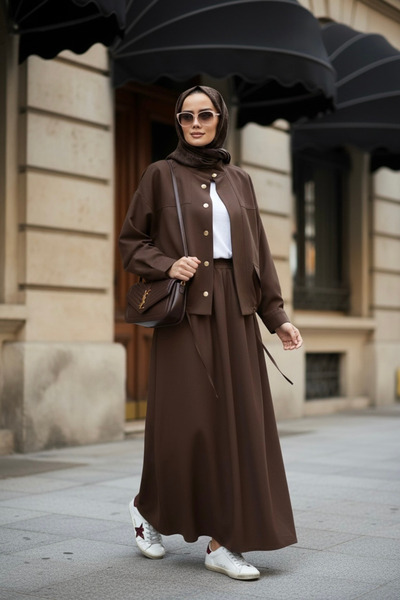 Aselim Hijap Moda Aurelia Gold Tensel Set - Skirted Suit - Light Brown