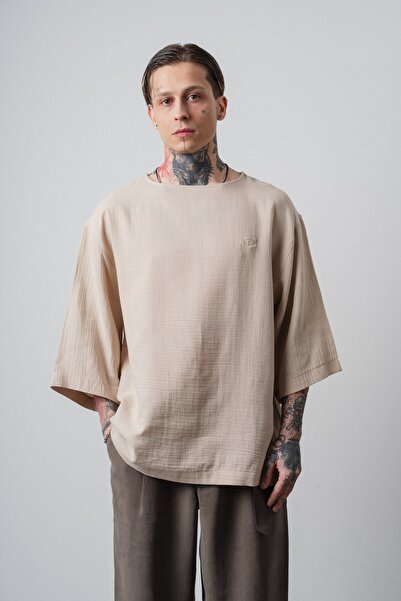 Respire Muški R Vezena Fakir rukav muslin Oversize kroj T-shirt bež