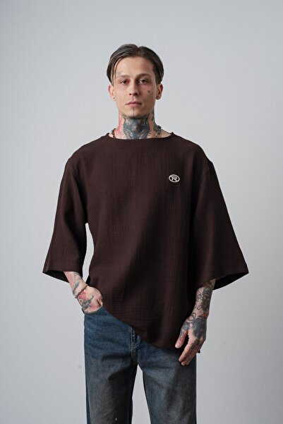 Respire Muški R Vezena Fakir rukav muslin Oversize kroj T-shirt tamno smeđa