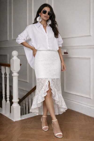 CES.İZ Beyaz Dantel Midi Kalem Etek Transparan Volanlı Astarlı Yazlık Kadın E...
