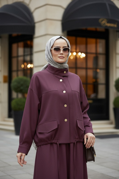 Aselim Hijap Moda Aurelia Gold Tensel Set - Skirted Suit - Burgundy