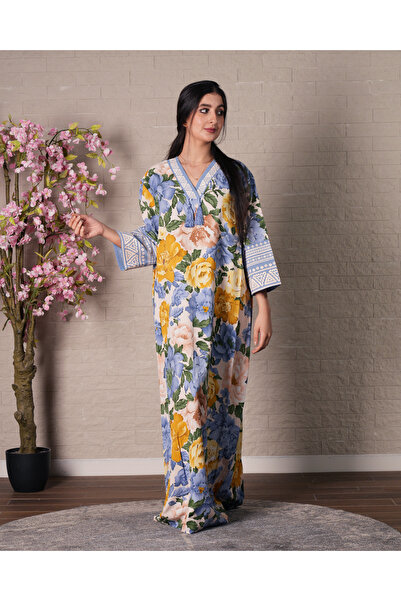 hendam Home dress with a colorful tropical Floral Print and embroidered V-neck