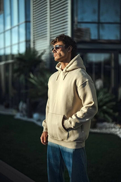 babatr.com Hanorac de bază cu glugă din bumbac pieptănat cu trei fire - Bej