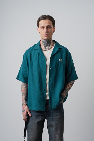 Respire Cămașă pentru bărbați R cu mânecă scurtă brodată din muselină supradi...