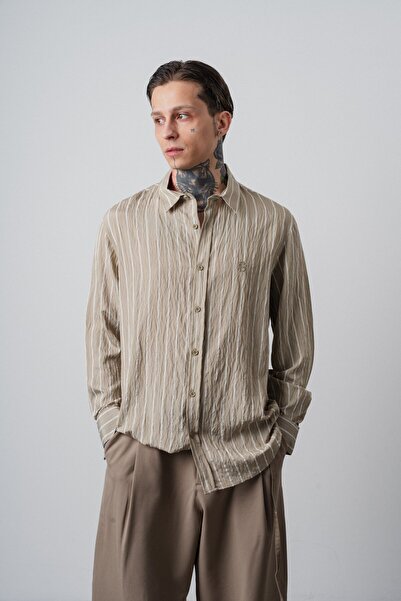 Respire Erkek Nakış Detaylı Çizgili Uzun Kollu Oversize Gömlek Haki