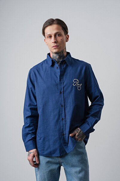 Respire Muška košulja Res Vezena dugih rukava Lan Oversize kroj tamnoplava