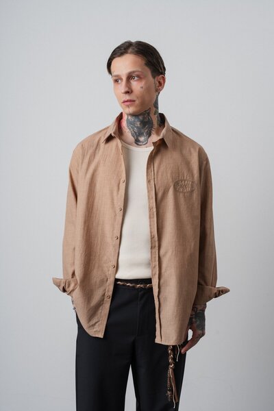 Respire Men's Embroidered Long Sleeve Oversized Shirt Beige