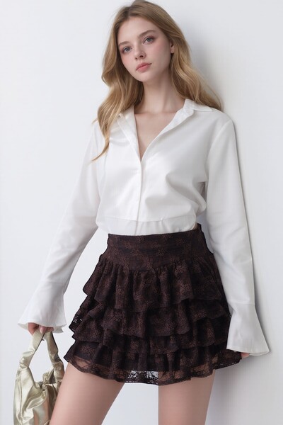 bacc Brown Invisible Zipper Layered Skirt Ruffled Lined Lace Bcmm-261285