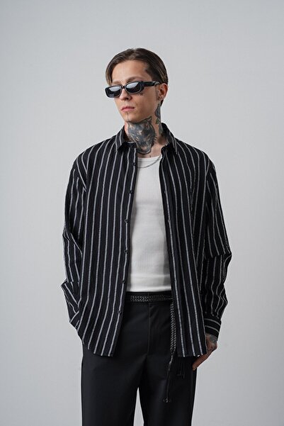 Respire Muška košulja sa vezom Prugasto dugih rukava Oversize kroj crna