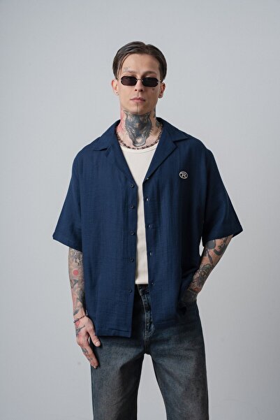 Respire Men's R Embroidered Short Sleeve Muslin Oversized Shirt Navy Blue
