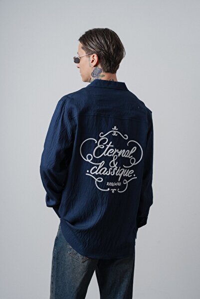 Respire Men's Eternal Embroidered Long Sleeve Linen Oversized Shirt Navy Blue