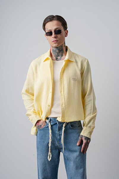 Respire Muška R Vezena košulja sa dugim rukavima od muslina Oversize kroj žuta